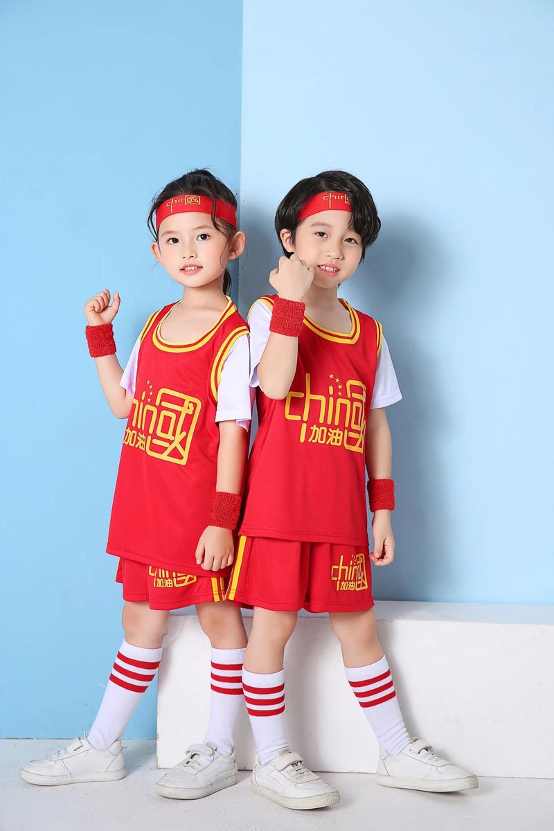 Chinese Team Short-Sleeved Jersey Children'S Basketball Suit Boys' And Girls' Baby Kindergarten Fake Two-Piece Primary School Basketball Suit - Image 1