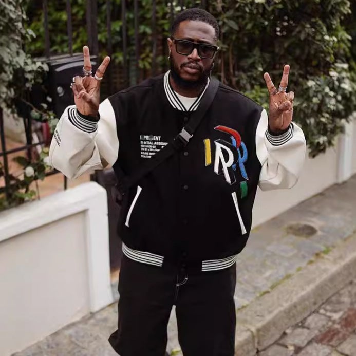 American Retro Brand Big R Letter Embroidered Woolen Baseball Suit Casual Loose Jacket Coat Men And Women - Image 3
