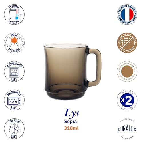 Duralex® France LYS Sepia Glass Mugs | 310ml Set of 2 Mugs | 3X Stronger & Durable, Stackable Coffee & Tea Mugs | Microwave & Dishwasher Safe | Giftable Mug Set - Image 3