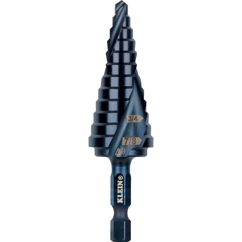 Klein Tools QRST14 Step Drill Bit Quick Release Spiral DoubleFluted 316 to 78Inch Hex Shank Cut Steel Wood Plastic Aluminum
