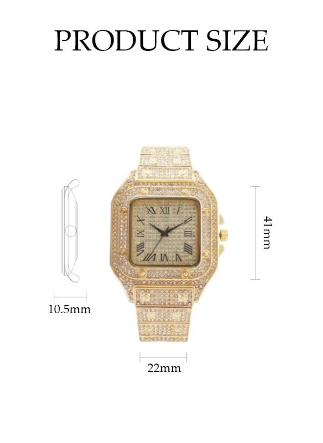 DUNISO Men's Diamond Watch, Square Quartz Watch, With Roman Scale Diamond Inlaid Steel Strip Fashion Watch，Suitable For Daily, Business And Party Use, Gold  - Image 2