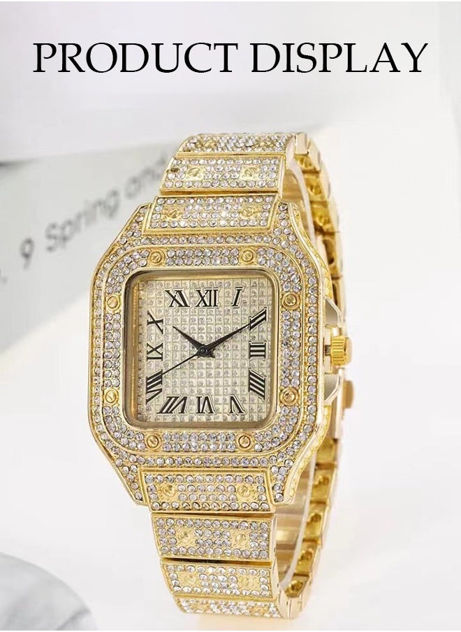 DUNISO Men's Diamond Watch, Square Quartz Watch, With Roman Scale Diamond Inlaid Steel Strip Fashion Watch，Suitable For Daily, Business And Party Use, Gold  - Image 3
