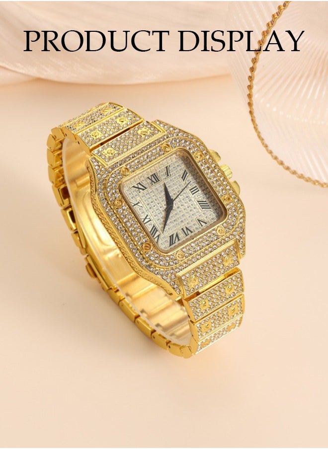 DUNISO Men's Diamond Watch, Square Quartz Watch, With Roman Scale Diamond Inlaid Steel Strip Fashion Watch，Suitable For Daily, Business And Party Use, Gold  - Image 4