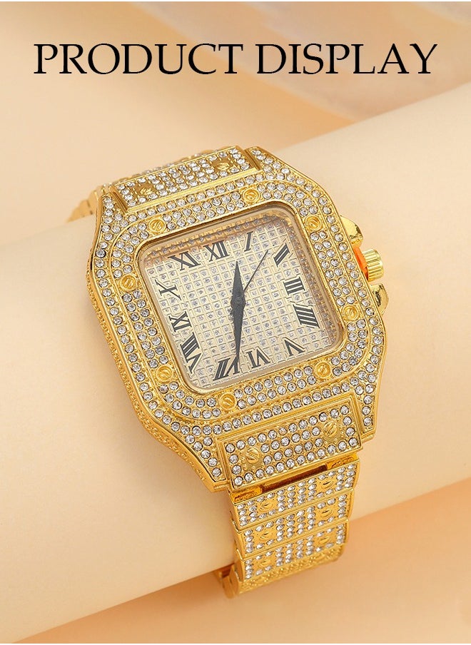DUNISO Men's Diamond Watch, Square Quartz Watch, With Roman Scale Diamond Inlaid Steel Strip Fashion Watch，Suitable For Daily, Business And Party Use, Gold  - Image 5
