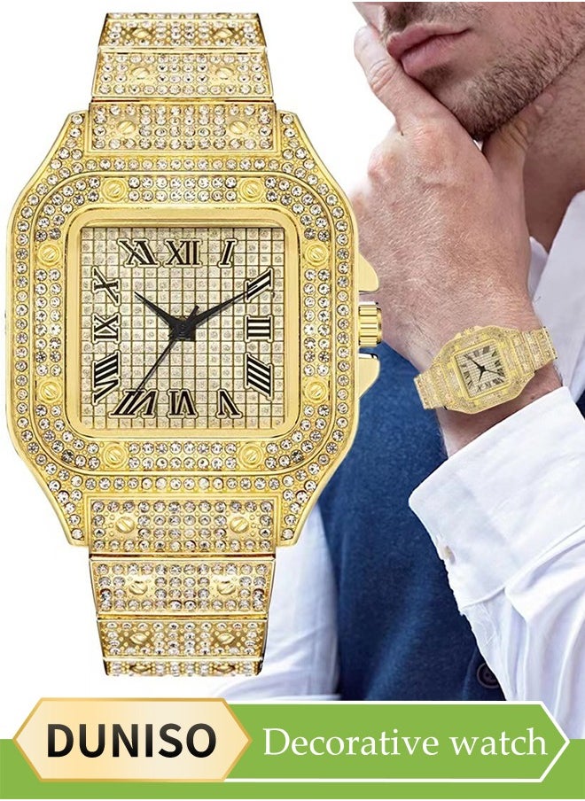 DUNISO Men's Diamond Watch, Square Quartz Watch, With Roman Scale Diamond Inlaid Steel Strip Fashion Watch，Suitable For Daily, Business And Party Use, Gold  - Image 1