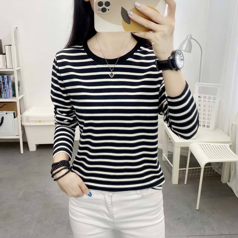 Outer Wearing Long-Sleeved T-Shirt Women'S Loose Plus Size Autumn Clothes Base Shirt Middle-Aged Mother'S Early Autumn Striped Top - Image 1