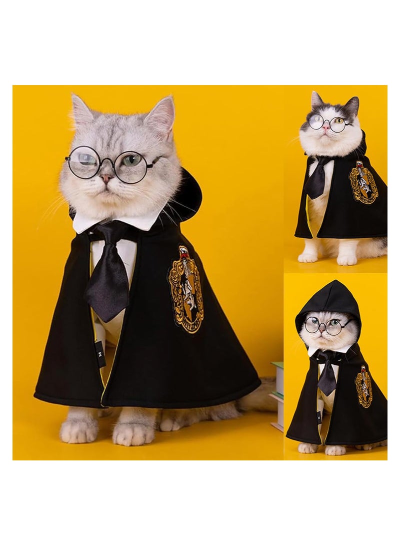 Pet Costume Harry Potter Witchcraft Style, Dog Cat Cute  Costumes Cape Cosplay Costume Set, Wizard Pet Clothes Apparel Soft Hoodies with Glasses Neckties, Yellow (Large Size) - Image 2