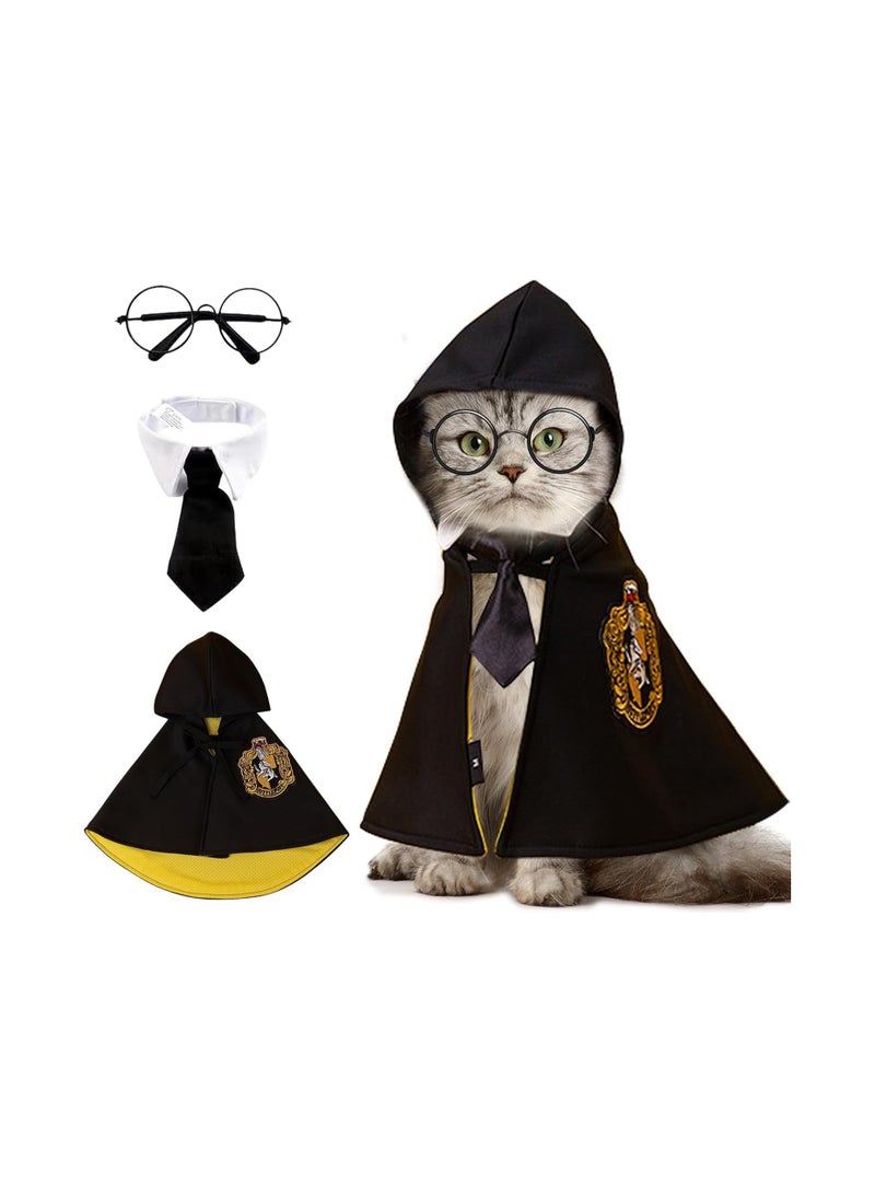 Pet Costume Harry Potter Witchcraft Style, Dog Cat Cute  Costumes Cape Cosplay Costume Set, Wizard Pet Clothes Apparel Soft Hoodies with Glasses Neckties, Yellow (Large Size) - Image 1