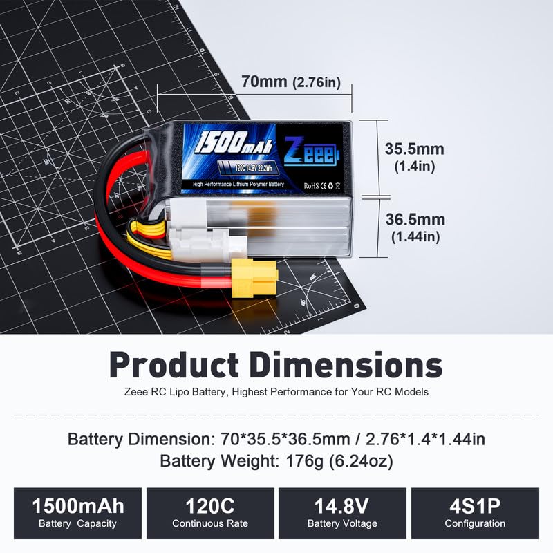 Zeee 4S Lipo Battery 1500mAh 14.8V 120C Graphene Battery with XT60 Plug for FPV Drone Quadcopter Helicopter Airplane RC Boat RC Car RC Models(2 Pack) - Image 2