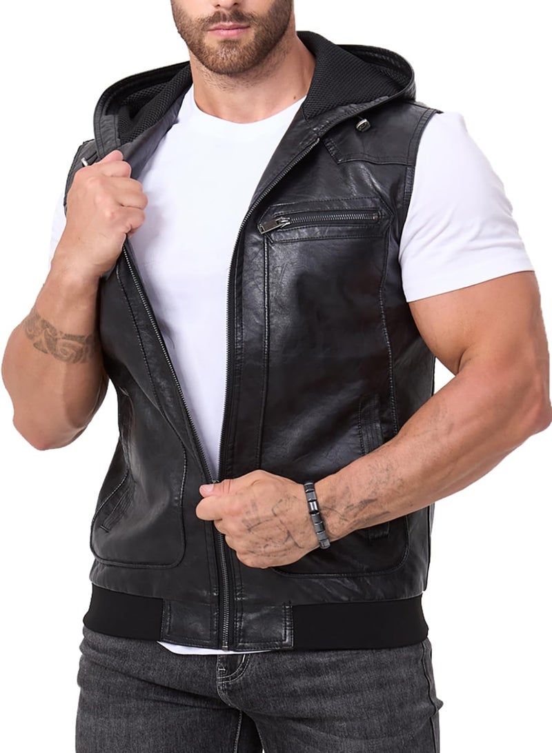 FANARCHER Mens Vintage Faux Leather Vest Jacket Zipup Classic Hipster Vest with Hood Sleeveless Jacket