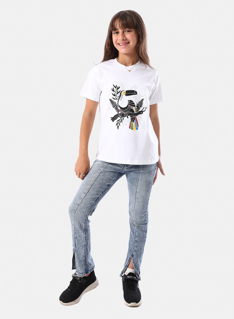 Andora Printed Slip On Relaxed Fit White Girls' T-Shirt -White - Image 5