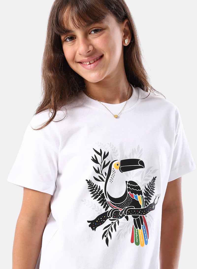 Andora Printed Slip On Relaxed Fit White Girls' T-Shirt -White - Image 4