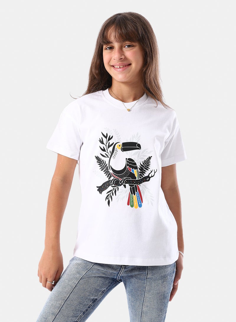 Andora Printed Slip On Relaxed Fit White Girls' T-Shirt -White - Image 1
