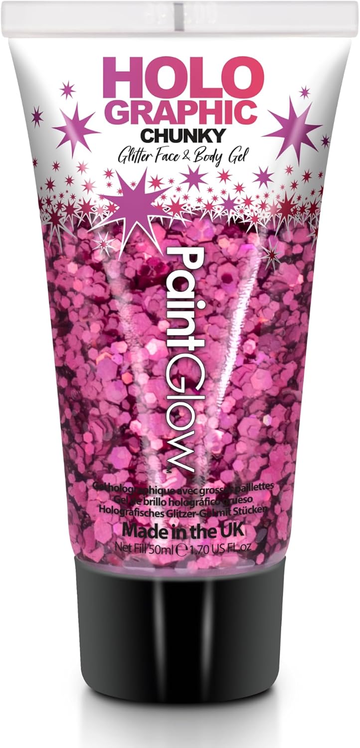 Chunky Cosmetic Glitter gels 50ml for face Body Hair from PaintGlow Vegan Princess Pink