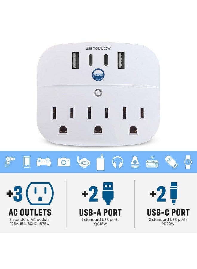 Cruise On Cruise Approved Non Surge Power Strip [2 USBC, 2 USB, 3 AC] - Cruise Essentials for Carnival, Celebrity, Princess, Norwegian, MSC & Major Cruise Lines - Image 2