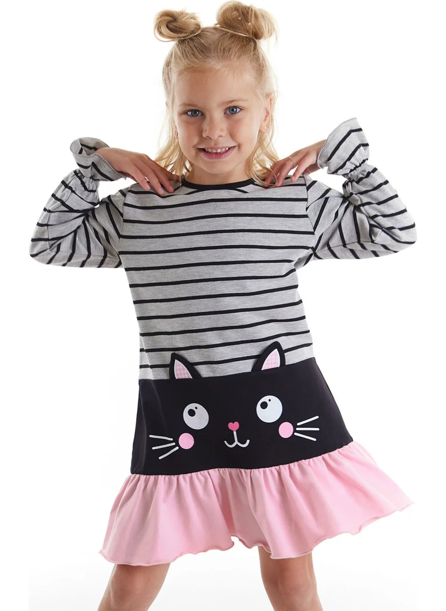 Denokids Striped Cat Appliqué Dress