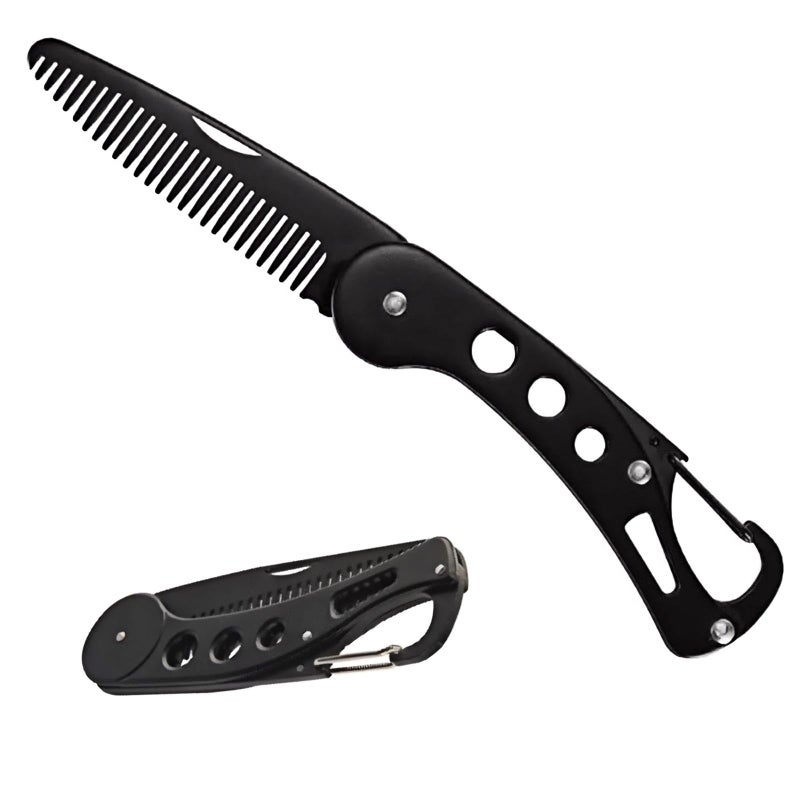 KINTEGOOD Stainless Steel Folding Beard Comb, Portable Mustache Comb, Beard Grooming Kit - Black - Image 1