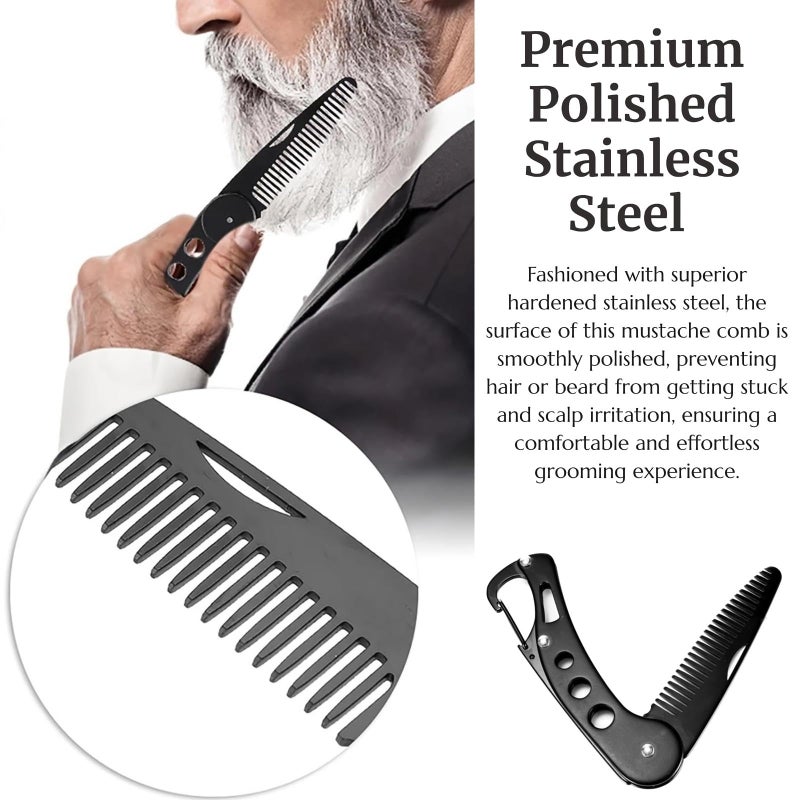 KINTEGOOD Stainless Steel Folding Beard Comb, Portable Mustache Comb, Beard Grooming Kit - Black - Image 2