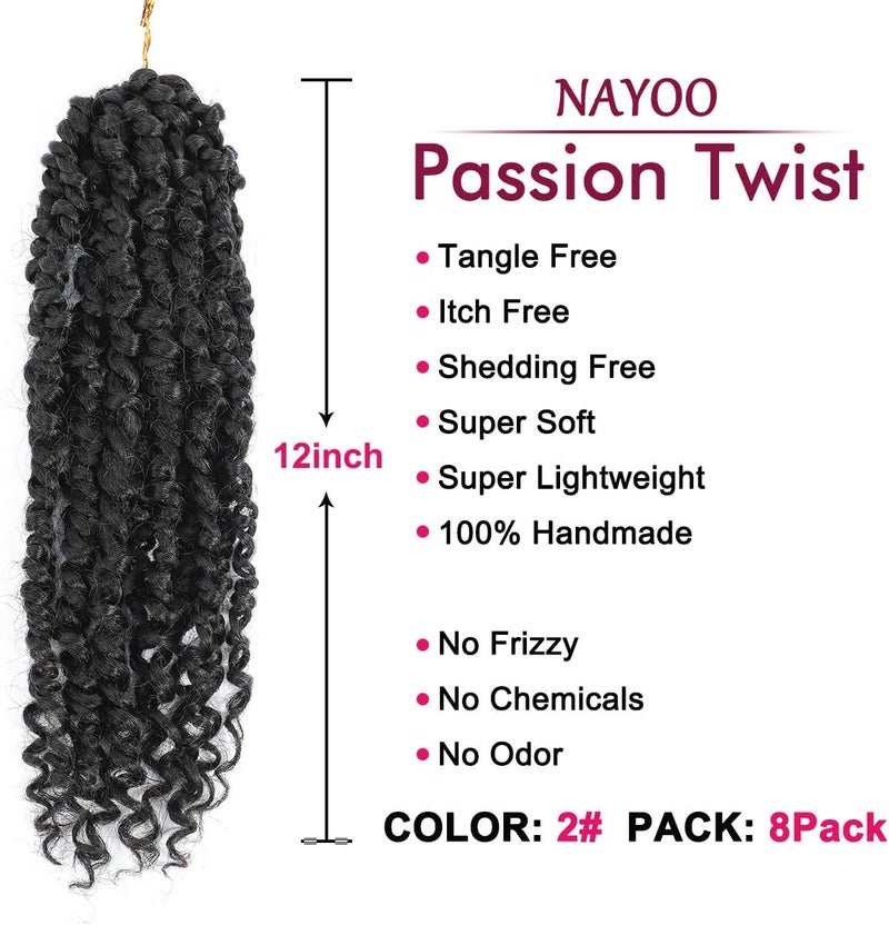 NAYOO Passion Twist Hair - 8 Packs 12 Inch Passion Twist Crochet Hair For Women, Crochet Pretwisted Curly Hair Passion Twists Synthetic Braiding Hair Extensions (12 Inch 8 Packs, 2) - Image 2