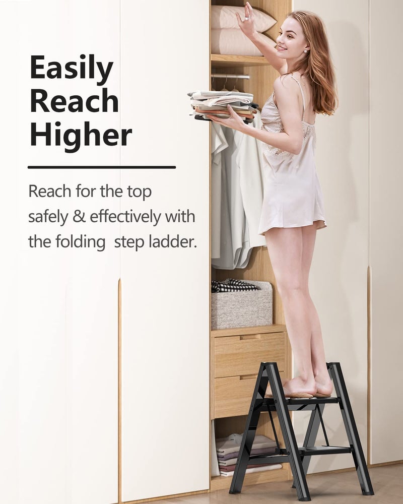 SOLADDER Step Stool, 2 Step Ladder with Anti-Slip and Wide Pedal, Folding Portable Iron Stepladder for Home and Kitchen, 300lbs - Black - Image 2