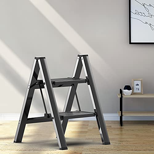 SOLADDER Step Stool, 2 Step Ladder with Anti-Slip and Wide Pedal, Folding Portable Iron Stepladder for Home and Kitchen, 300lbs - Black - Image 1