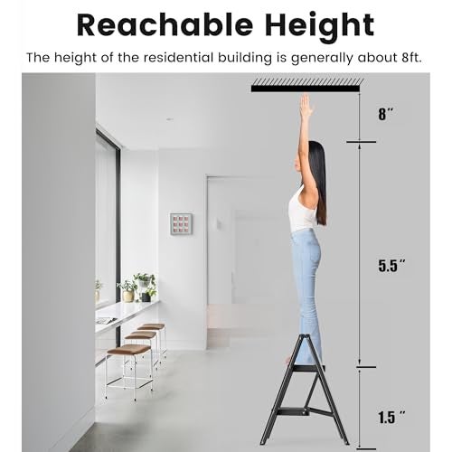 SOLADDER Step Stool, 2 Step Ladder with Anti-Slip and Wide Pedal, Folding Portable Iron Stepladder for Home and Kitchen, 300lbs - Black - Image 5