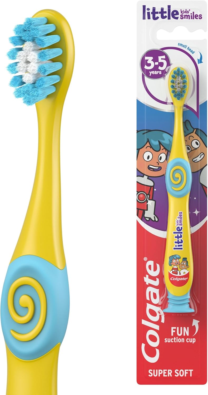 Colgate Kids Toothbrush 35 years super soft bristles gently and effectively clean teeth small brush head for easy access white bristles toothpaste guide comfortable handle with thumb grips - Image 1