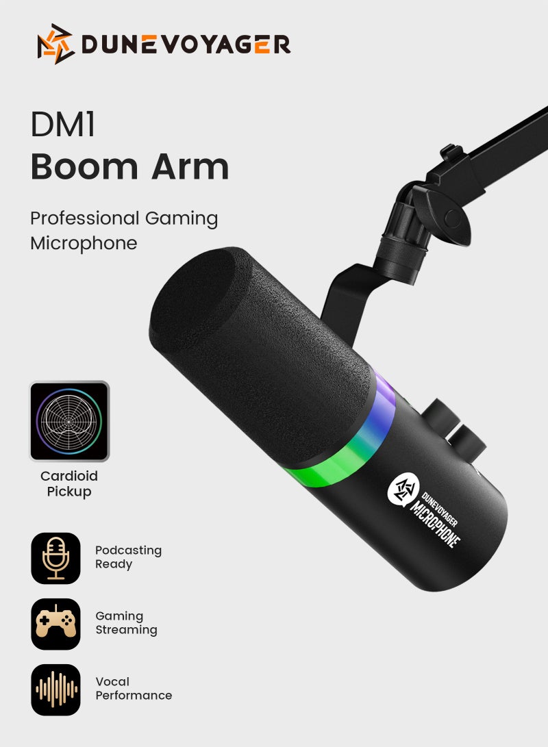 مسافر الكثبان ميكروفون DM1 مع ذراع Boom Arm للألعاب والبث والبودكاست، ميكروفون ديناميكي قلبي USB/XLR، كتم بلمسة واحدة، إضاءة RGB، جودة فاخرة بهيكل معدني بالكامل، مراقبة سماعة الرأس - Image 1