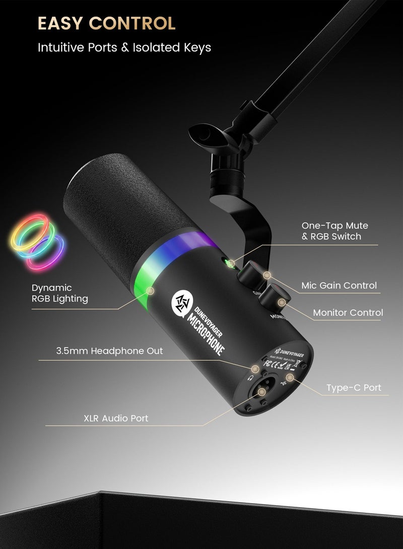 مسافر الكثبان ميكروفون DM1 مع ذراع Boom Arm للألعاب والبث والبودكاست، ميكروفون ديناميكي قلبي USB/XLR، كتم بلمسة واحدة، إضاءة RGB، جودة فاخرة بهيكل معدني بالكامل، مراقبة سماعة الرأس - Image 5