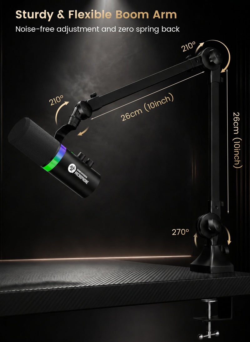 مسافر الكثبان ميكروفون DM1 مع ذراع Boom Arm للألعاب والبث والبودكاست، ميكروفون ديناميكي قلبي USB/XLR، كتم بلمسة واحدة، إضاءة RGB، جودة فاخرة بهيكل معدني بالكامل، مراقبة سماعة الرأس - Image 2