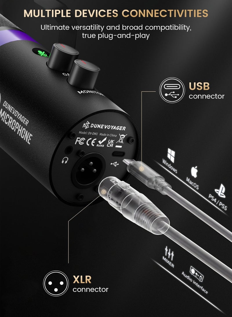 مسافر الكثبان ميكروفون DM1 مع ذراع Boom Arm للألعاب والبث والبودكاست، ميكروفون ديناميكي قلبي USB/XLR، كتم بلمسة واحدة، إضاءة RGB، جودة فاخرة بهيكل معدني بالكامل، مراقبة سماعة الرأس - Image 3