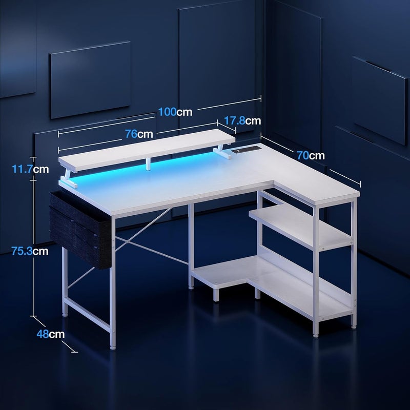 Coleshome L Shaped Gaming Desk with LED Lights, 100 × 70 cm Computer Desk with Power Outlet, Reversible Corner Gaming Table with Storage Shelves & Monitor Stand, White - Image 3