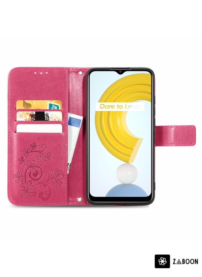 Zaboon - Protective Case Cover For OPPO Realme C21 Four-leaf Clasp Embossed Buckle Mobile Phone Protection Leather Case with Lanyard & Card Slot & Wallet & Bracket Function - Image 1