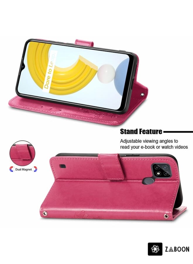 Zaboon - Protective Case Cover For OPPO Realme C21 Four-leaf Clasp Embossed Buckle Mobile Phone Protection Leather Case with Lanyard & Card Slot & Wallet & Bracket Function - Image 1
