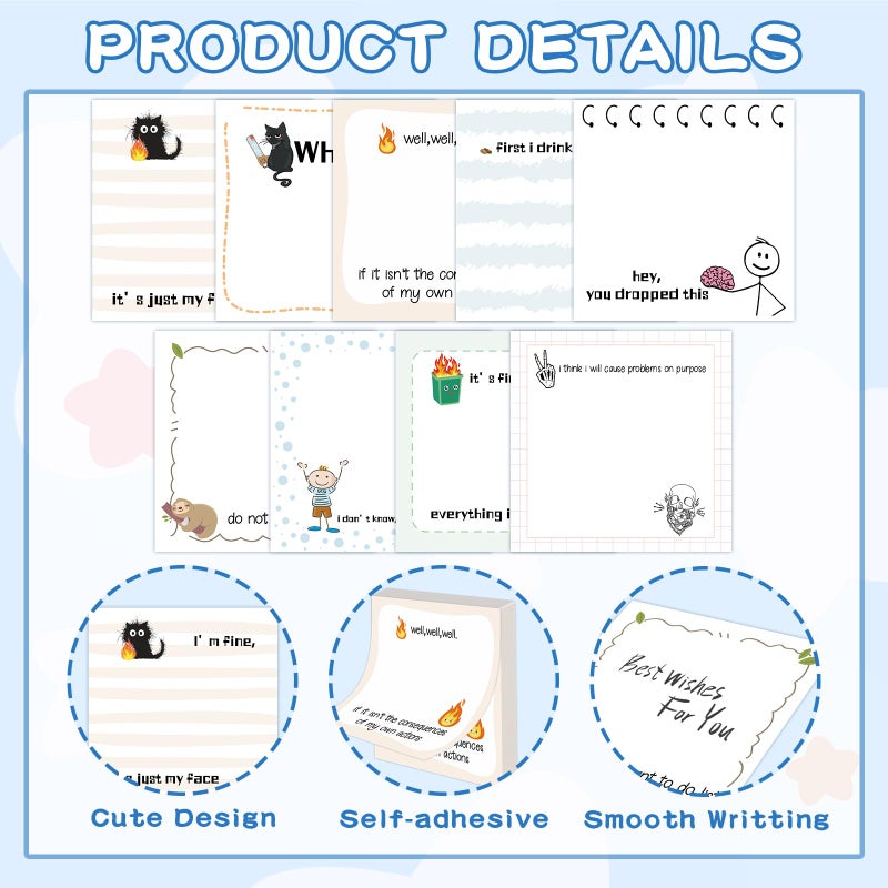 ZCPTZ 9 Pcs Funny Notepads 3" x 3" Self-adhesive Note Pads Fun Memo for Work Office School Home Supplies - 450 Sheets Reusable Cute Sticky Notes - Image 3