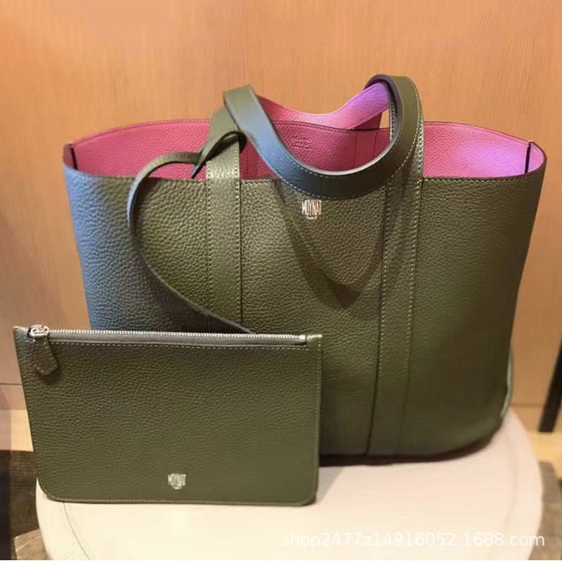 French Niche Design Genuine Leather Tote Bag New Double-Sided Shopping Bag Lychee Pattern Large Capacity Tote Bag Shoulder Bag - Image 3