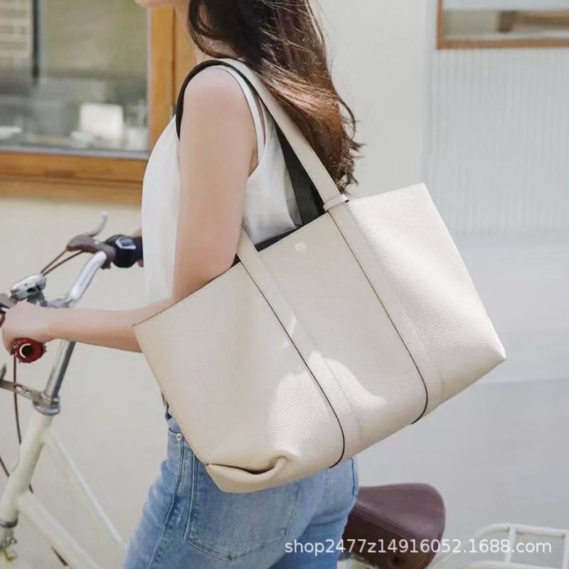 French Niche Design Genuine Leather Tote Bag New Double-Sided Shopping Bag Lychee Pattern Large Capacity Tote Bag Shoulder Bag - Image 5