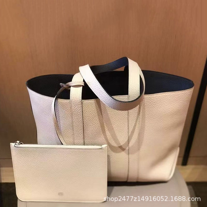 French Niche Design Genuine Leather Tote Bag New Double-Sided Shopping Bag Lychee Pattern Large Capacity Tote Bag Shoulder Bag - Image 2
