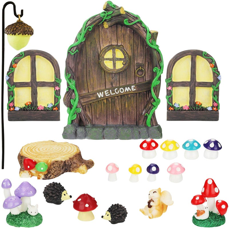 Jetec 21 Pieces Fairy Door and Window Trees with 2 Window Light Yard Glow in Dark Sculpture Decoration for DIY Micro Landscape Ornament Kid Room Wall and Tree Outdoor Miniature Garden Accessories