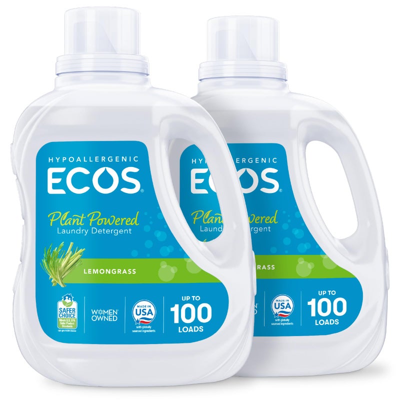 ECOS سائل منظف الغسيل ECOS، 200 غسلة - صابون غسيل مختبر من قبل أطباء الجلد - مضاد للحساسية، معتمد من وكالة حماية البيئة كخيار أكثر أمانًا، مدعوم من النباتات - عشب الليمون، 100 أونصة سائلة (عبوة من 2) - Image 1