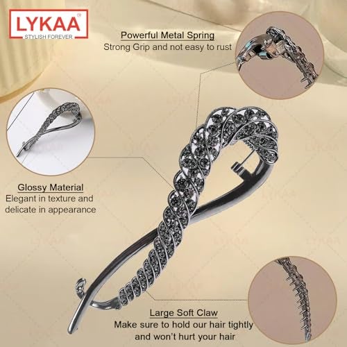 LYKAA Banana Clips for Hair Metal Rhinestone French Barrette Hair Clips | Korean Stylish Hair Accessories for Women & Girls | Bun Maker Hair Clip | Multicolor Rhinestone Design – 1Pc,Black - Image 3