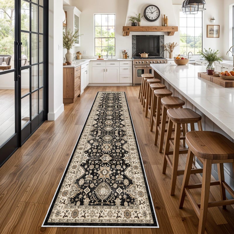 TOPRUUG Washable Hallway Runner Rug 3x12: Non Slip Runner Rugs with Rubber Backing Soft Kitchen Rug Farmhouse Distressed Carpet Runner for Living Room Bedroom Bathroom (Black, 3X12) - Image 2