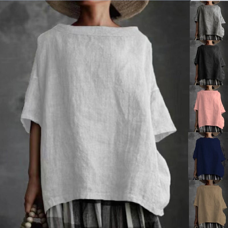 2026 Summer Women's Loose Fit Cotton Linen T-Shirt - Image 1