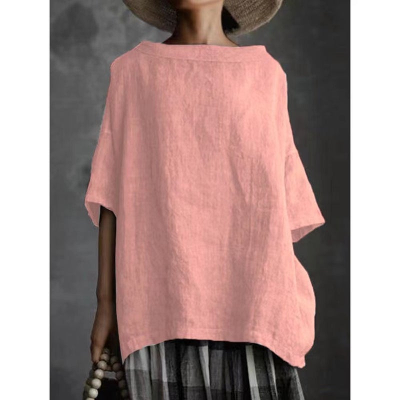 2026 Summer Women's Loose Fit Cotton Linen T-Shirt - Image 3