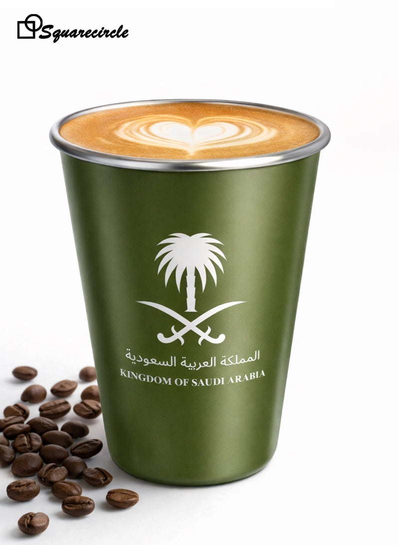 دائرة مربعة كوب قهوة معدني بتصميم عربي 350 مل (11.83 أوقية) – كوب معزول ذو جدار مزدوج | هدية مميزة بشعار السعودية | متين، محمول ومقاوم للصدأ للاستخدام المنزلي، في المكتب وفي الهواء الطلق(أخضر) - Image 2