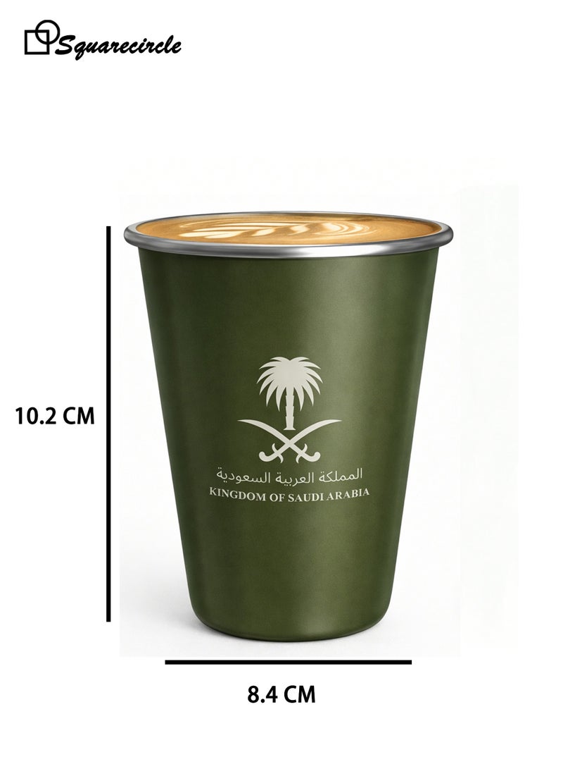 دائرة مربعة كوب قهوة معدني بتصميم عربي 350 مل (11.83 أوقية) – كوب معزول ذو جدار مزدوج | هدية مميزة بشعار السعودية | متين، محمول ومقاوم للصدأ للاستخدام المنزلي، في المكتب وفي الهواء الطلق(أخضر) - Image 5