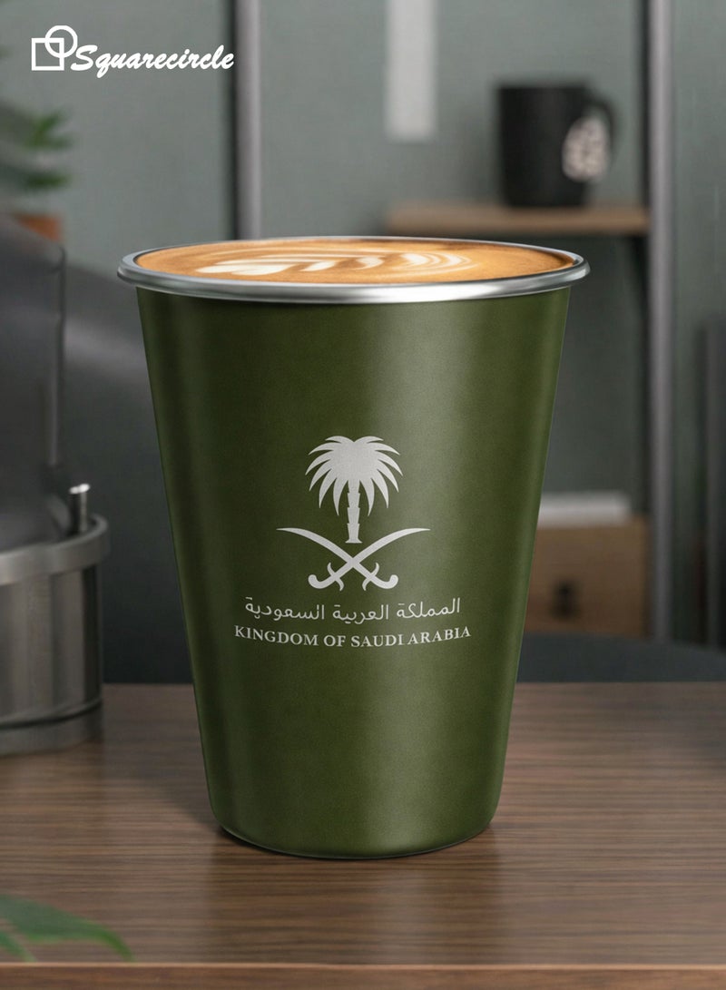دائرة مربعة كوب قهوة معدني بتصميم عربي 350 مل (11.83 أوقية) – كوب معزول ذو جدار مزدوج | هدية مميزة بشعار السعودية | متين، محمول ومقاوم للصدأ للاستخدام المنزلي، في المكتب وفي الهواء الطلق(أخضر) - Image 3