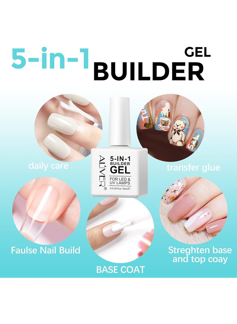 ALIVER Nail Polish Builder Gel for Nails 5 in 1 Builder Base Strengthening Gel 15ml UV/LED Nail Polish Gel for Broken Nails Repair Nails Extension Nail Art Decoration  - Image 2