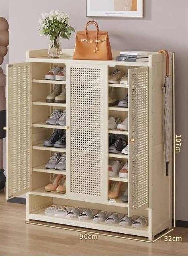 keke 8 Tier 3 Door Rattan Style Shoe Cabinet with Open Base Beige 90x32x107cm. - Image 1