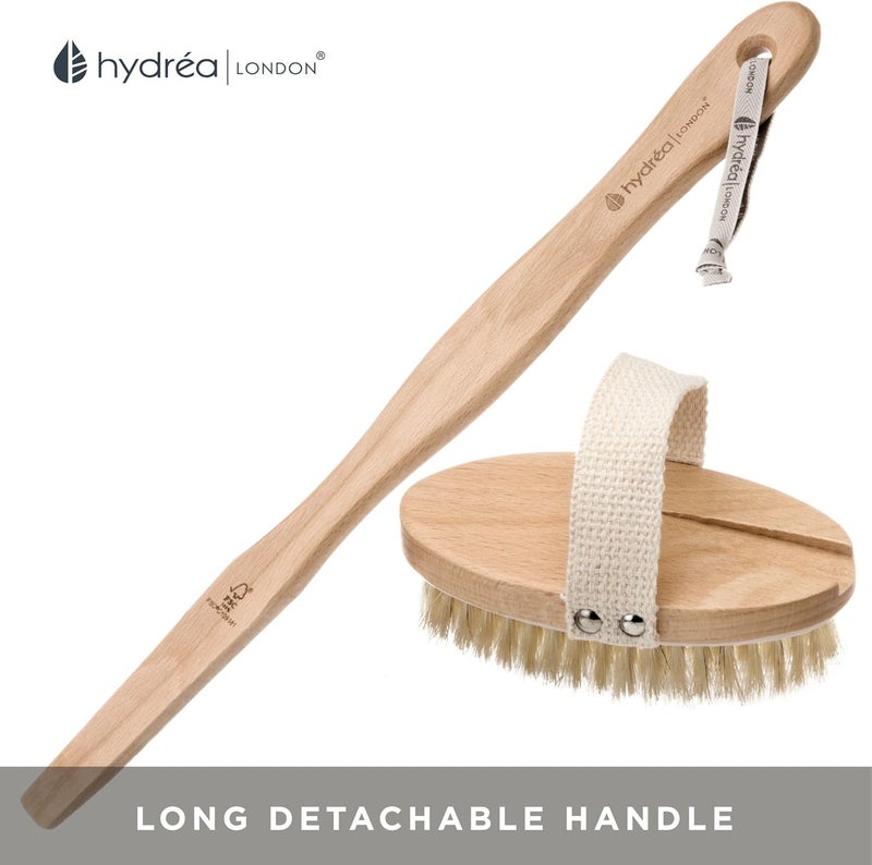 Hydrea London Natural Bristle Body Brush Back Scrubber with Removable Long Handle - Eco-Friendly Beechwood Exfoliating Shower Brush - Image 2